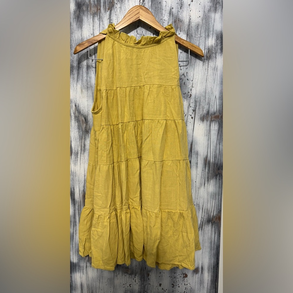 Mable Gold Tiered Midi Dress with Back Neck Tie Bow and Ruffle Neckline- NWOT